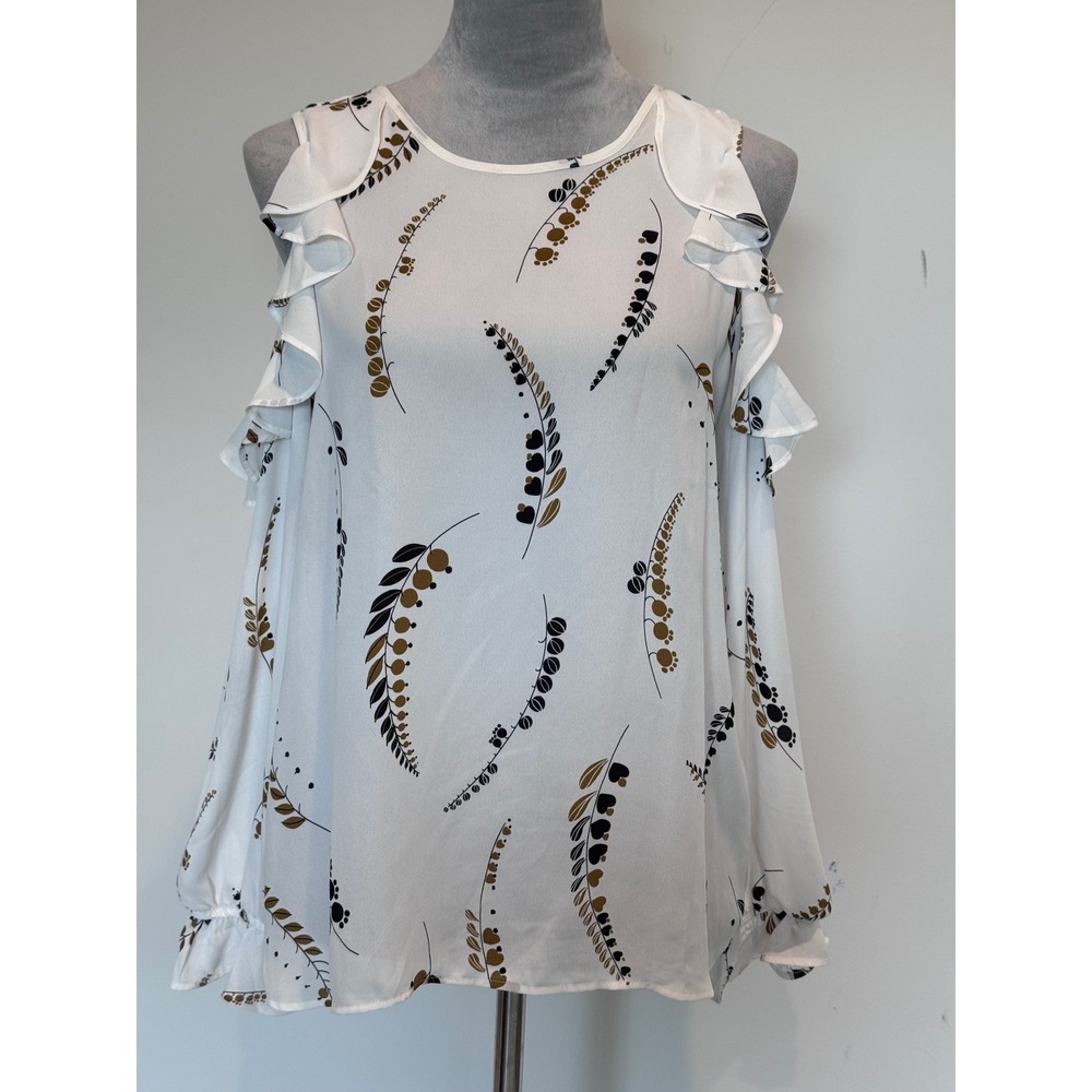 Ann Taylor Factory White Botanical Leaf Print Cold Shoulder Ruffle Blouse Small